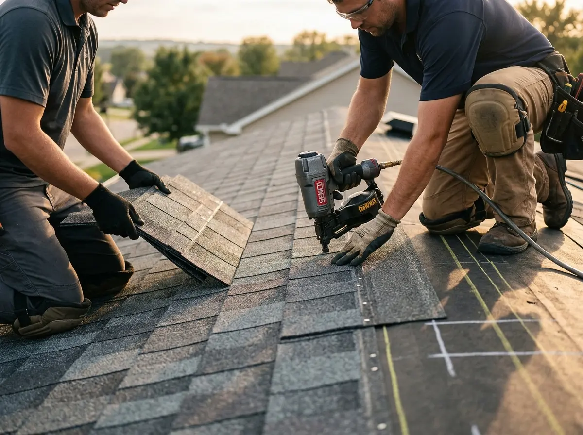 Professional roofer working on a residential roof in Joplin